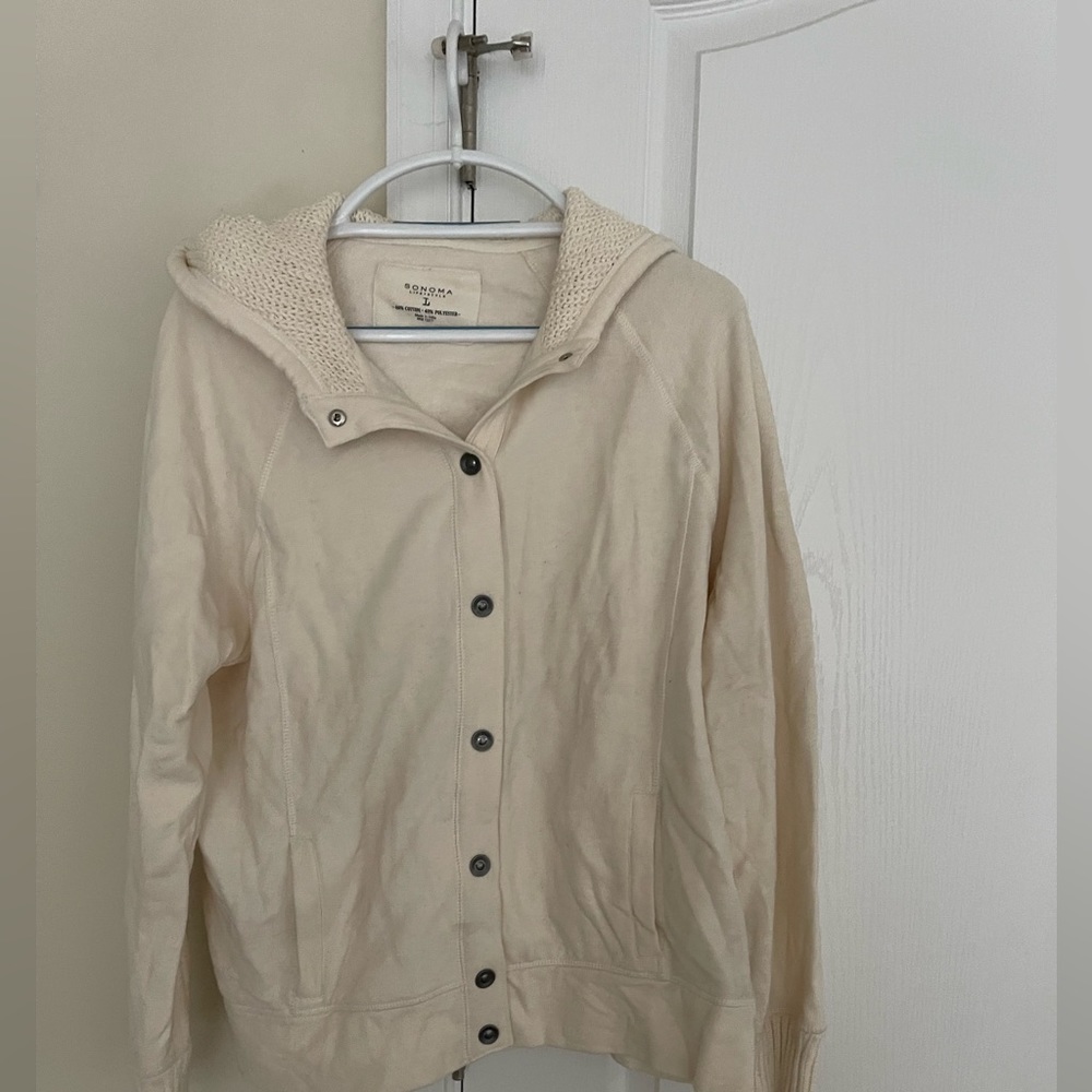 Cream jacket with crochet hood